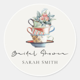 Pegatina Redonda Tazas apiladas pastel fiesta de té para despedida 