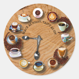 Pegatina Redonda Tazas De Café Negro Con Granos Como Reloj