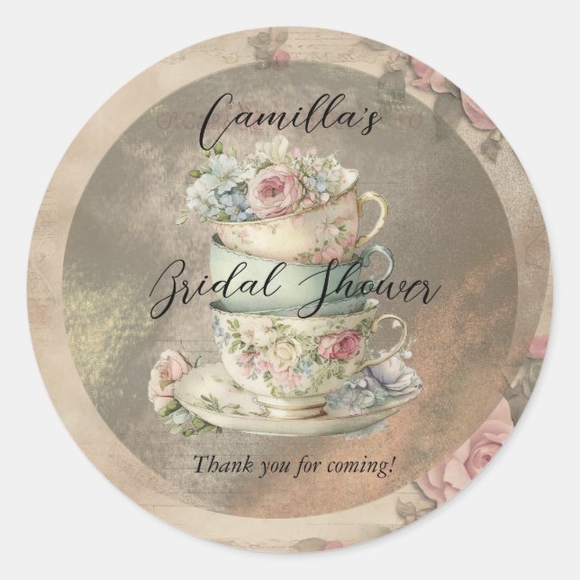 Pegatina Redonda Tazas de té florales apiladas Ephemera Desayuno Nu (Anverso)