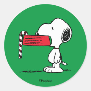 Pegatina Redonda Tazón de comida de Snoopy con bastón de caramelo d