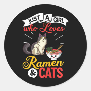 Pegatina Redonda Tazón de ramen de gato Sopa de fideos de pollo Jap