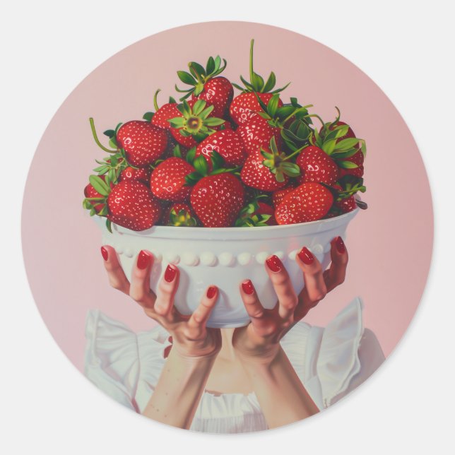 Pegatina Redonda Tazón desbordante de fresas (Anverso)