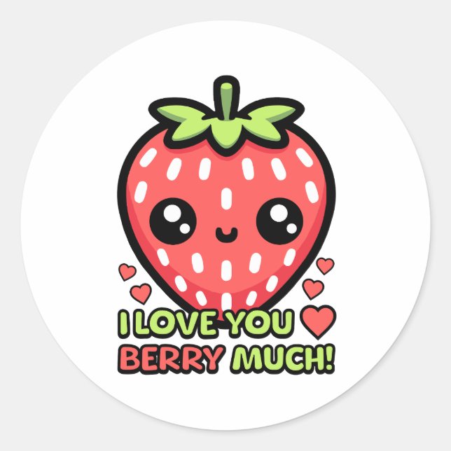 Pegatina Redonda ¡Te Amo Berry Mucho! Cute Strawberry Pun (Anverso)