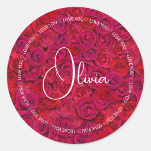 Pegatina Redonda Te Amo Nombre Personalizado Rosas Rojas Amor