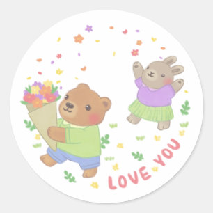 Pegatina Redonda Te amo: Oso de Teddy y conejo con flores