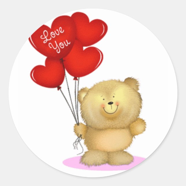 Pegatina Redonda Te amo Teddy Bear sosteniendo globos de corazón (Anverso)