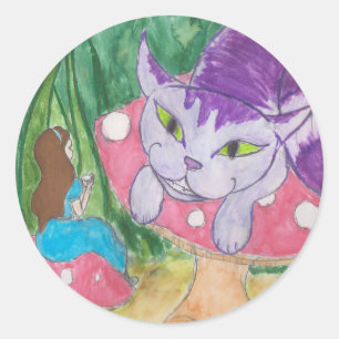 Pegatina Redonda Té con el botón del gato de Cheshire