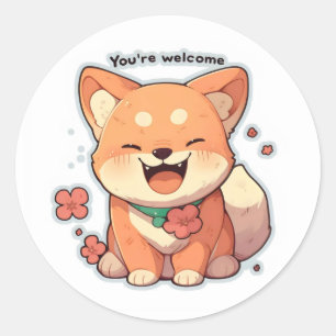 Pegatina Redonda Te damos la bienvenida Anime Perro Feliz