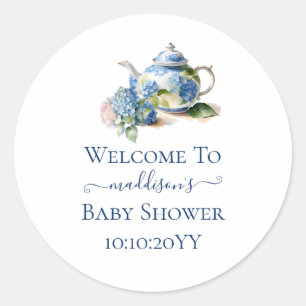 Pegatina Redonda Té de Baby Shower de Hortensias Azules