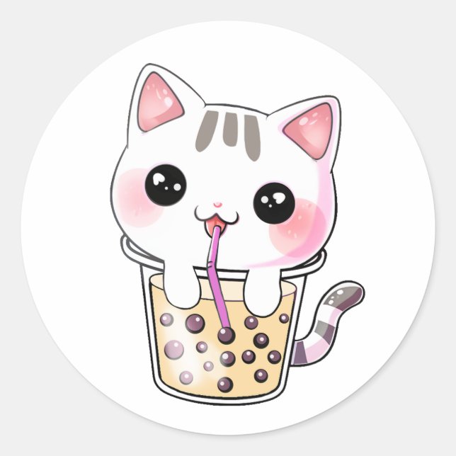 Pegatina Redonda té de burbuja de gatos de Kawaii (Anverso)
