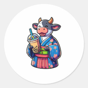 Pegatina Redonda Té de burbuja de vaca de té japonés Kimono _2