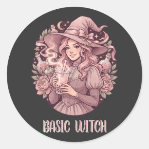 Pegatina Redonda Té de burbujas rosa de bruja básica Coquette Hallo