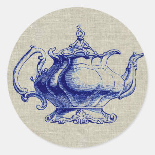 Pegatina Redonda Té de diseño de tetera azul vintage