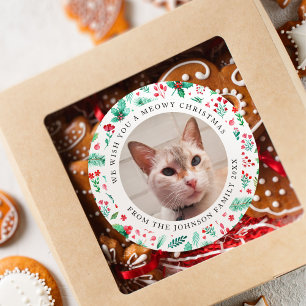 Pegatina Redonda Te deseamos una foto de un gato de Navidades Meowy
