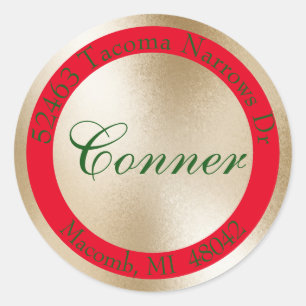 Pegatina Redonda Te deseo una dirección de retorno roja, dorada y v