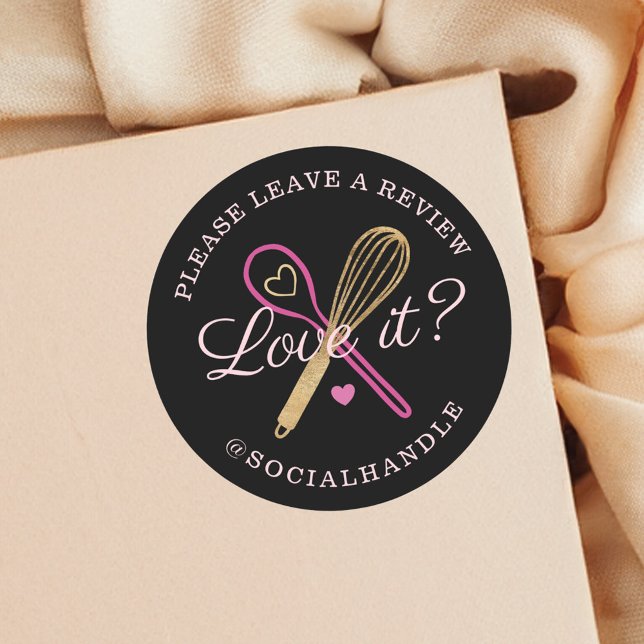 Pegatina Redonda ¿Te Encanta? Dejar una panadería de reseña Whisk & (Love It? Leave A Review Bakery Whisk & Spoon Black Classic Round Sticker)