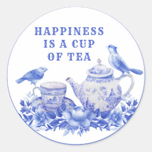 Pegatina Redonda Té floral azul y blanco con pájaros Clásico