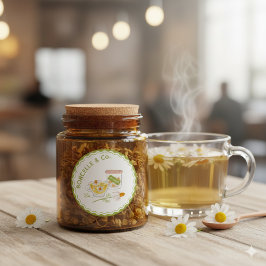 Pegatina Redonda Té Herbal de Manzanilla Floral Verde y Amarillo 