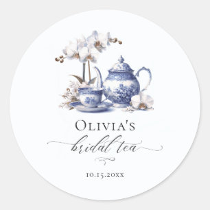 Pegatina Redonda Té Orquídea Blanca Hampton Azul Toile Despedida de