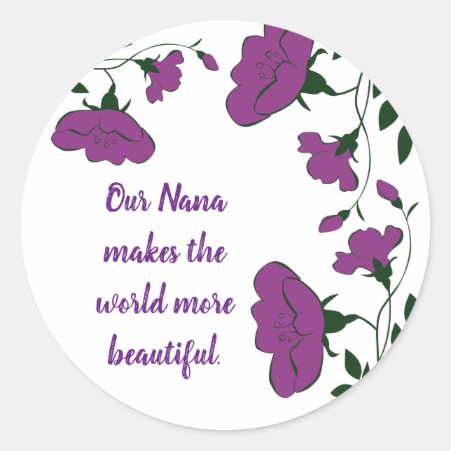 Pegatina Redonda Te queremos Nana Hermosa Flor Púrpura (Anverso)