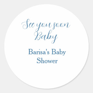 Pegatina Redonda te veo pronto baby shower azul nombre fecha simple