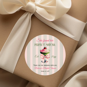 Pegatina Redonda Té verde perfecto con pajita retro lazo rosa para 