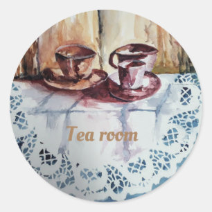 Pegatina Redonda Té vintage en toalla de cocina de lino blanco