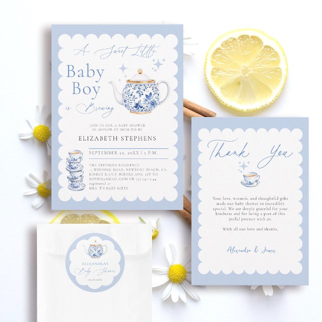 Pegatina Redonda Tea Brewing Blue Script Elegant Boy Baby Shower (boy baby shower stationery decor tea brewing theme blue watercolor elegant modern stylish classy)