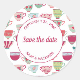Pegatina Redonda Tea Cups moderna cosecha Guardar la fecha