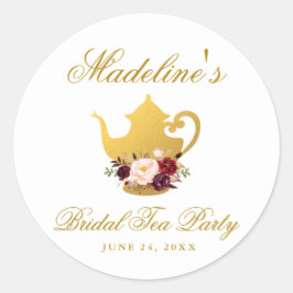 Pegatina Redonda Tea Fiesta Bridal Ducha Borgoña Floral Pequeña