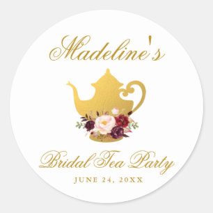 Pegatina Redonda Tea Fiesta Bridal Ducha Borgoña Floral Pequeña