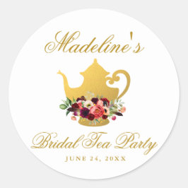 Pegatina Redonda Tea Fiesta Bridal Shower Burgundy Floral Boho