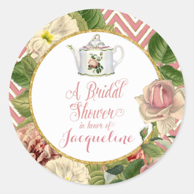 Pegatina Redonda Tea Fiesta Bridal Shower Chevron Stripes Rosa (Anverso)