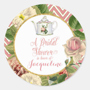 Pegatina Redonda Tea Fiesta Bridal Shower Chevron Stripes Rosa