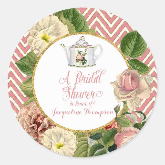 Pegatina Redonda Tea Fiesta Bridal Shower Chevron Stripes Rosa (Anverso)