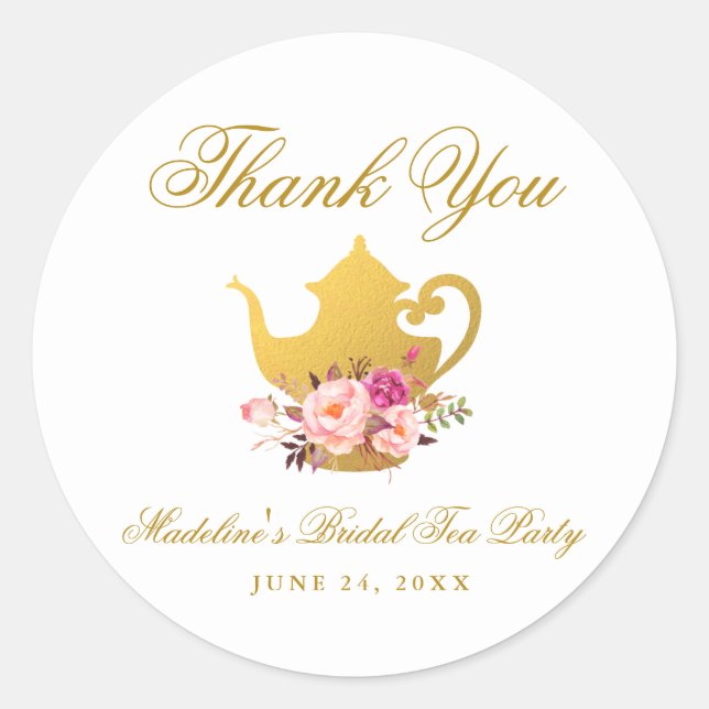 Pegatina Redonda Tea Fiesta Bridal Shower Pink Floral Gracias (Anverso)