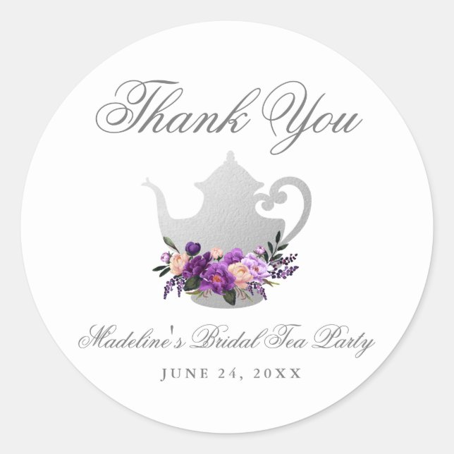 Pegatina Redonda Tea Fiesta Bridal Shower Purple Violet Gracias (Anverso)