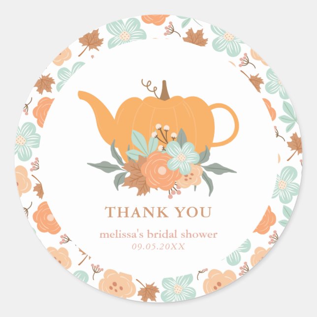 Pegatina Redonda Tea Fiesta Calabaza Ducha Bridal Gracias (Anverso)