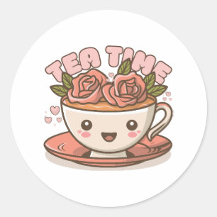 Pegatina Redonda Tea Time Rosa Tea Kawaii