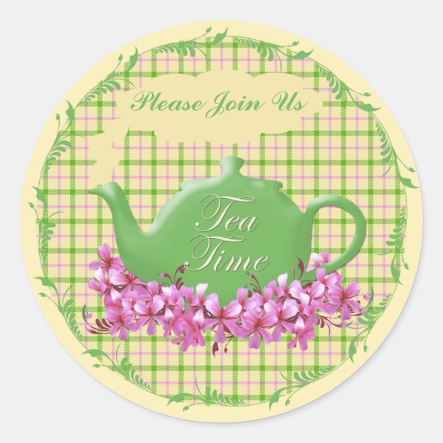 Pegatina Redonda Tea Time Teapot Spring Plage (Anverso)