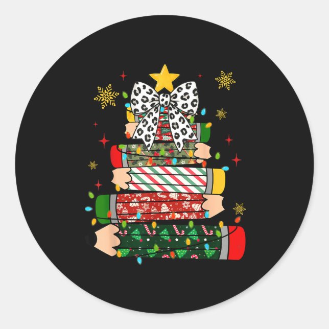 Pegatina Redonda Teacher Christmas Tree Lights Pencil Leopard Print (Anverso)