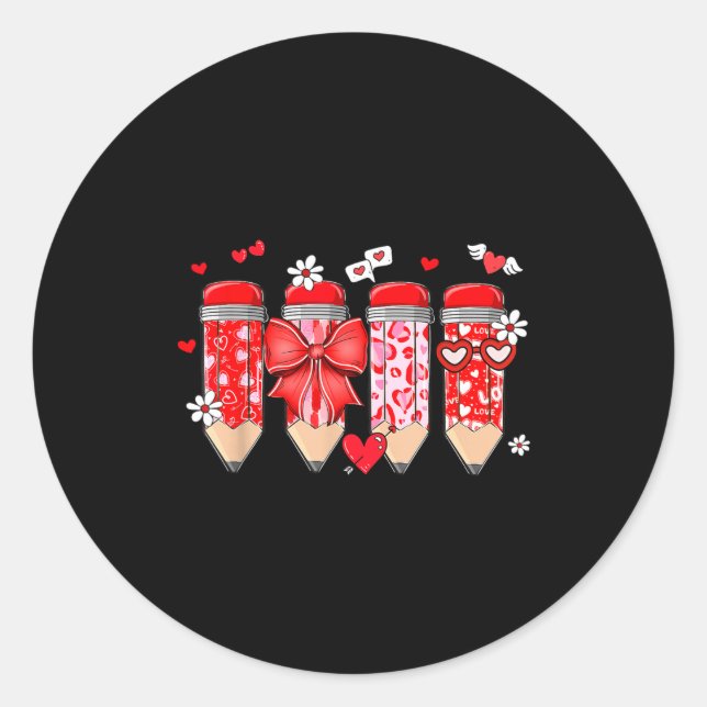 Pegatina Redonda Teacher Valentine Coquette Bow Pencil Teacher Vale (Anverso)