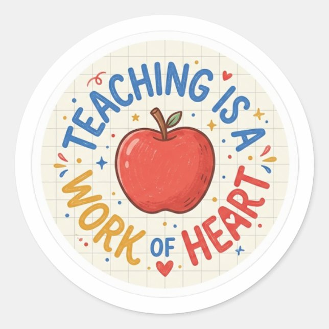 Pegatina Redonda  Teaching is a Work of Heart Red Apple Teacher Sti (Anverso)