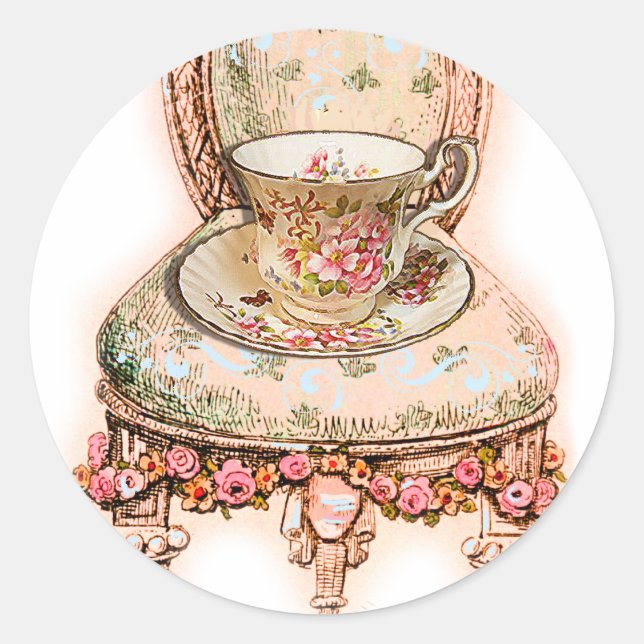 Pegatina Redonda Teacup antiguo Rosa y presidente victoriano (Anverso)