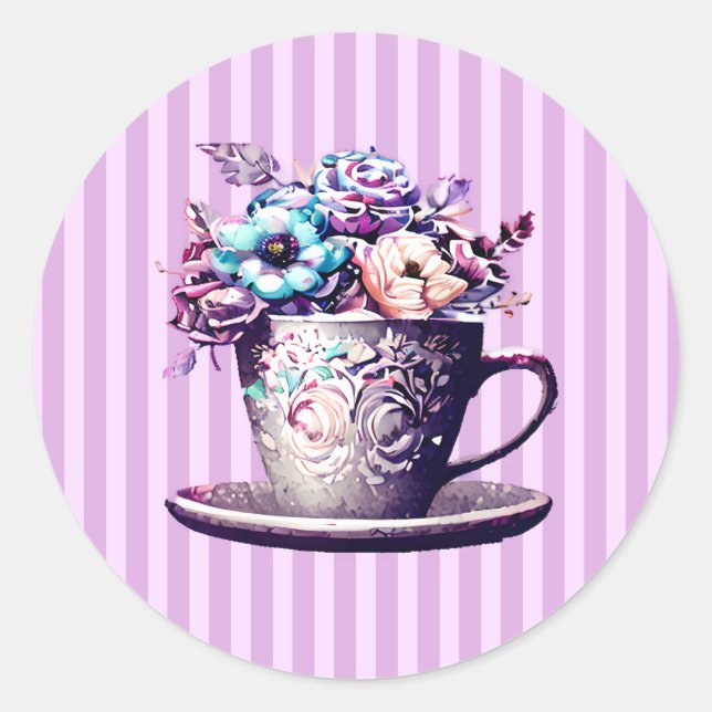 Pegatina Redonda Teacup de bonito con flores (Anverso)