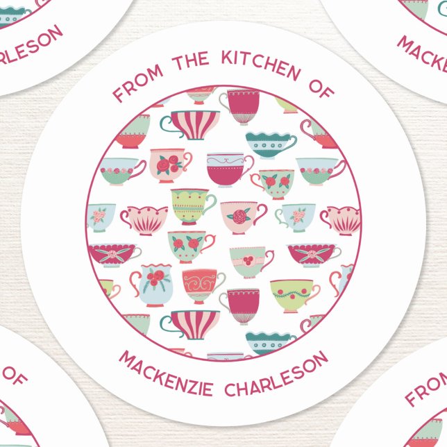 Pegatina Redonda Teacup Modern Business (Vintatge teacups pattern custom text From the Kitchen of personalized small business stickers)