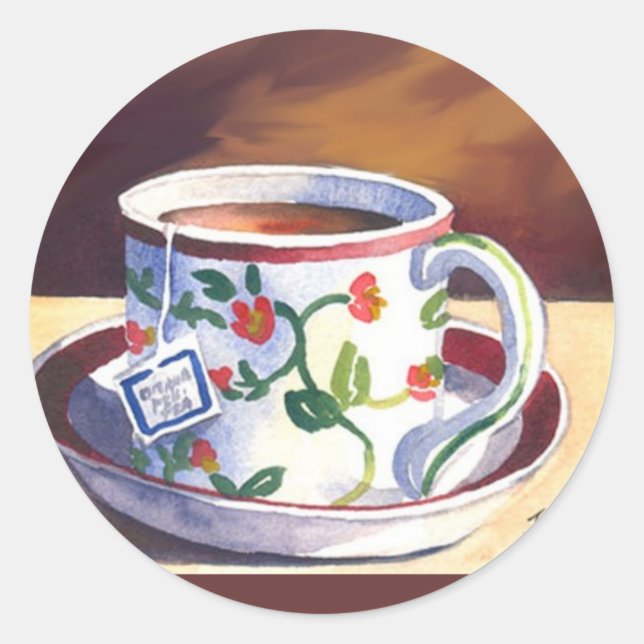 Pegatina Redonda Teacup & Saucer con Teabag (Anverso)