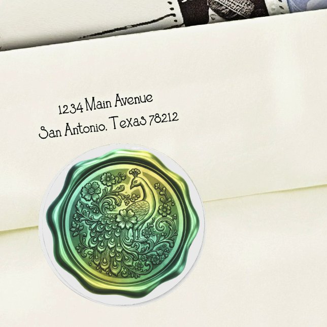 Pegatina Redonda Teal and Green Peacock Wax Look Seal (Subido por el creador)