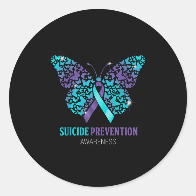 Pegatina Redonda Teal And Purple Butterfly Suicide Prevention Aware (Anverso)