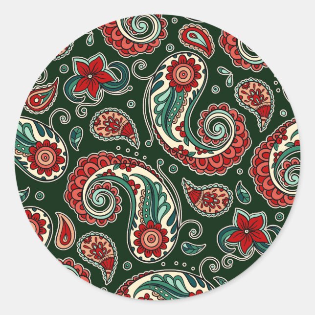 Pegatina Redonda Teal and Red Paisley Sticker Set (Anverso)